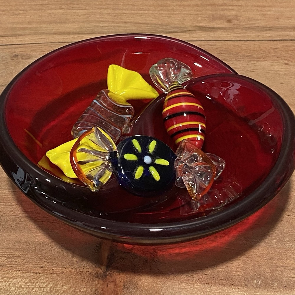 Vintage Mcm Glass Divided Bowl Viking?  & Hand Blown Glass Candy Pieces